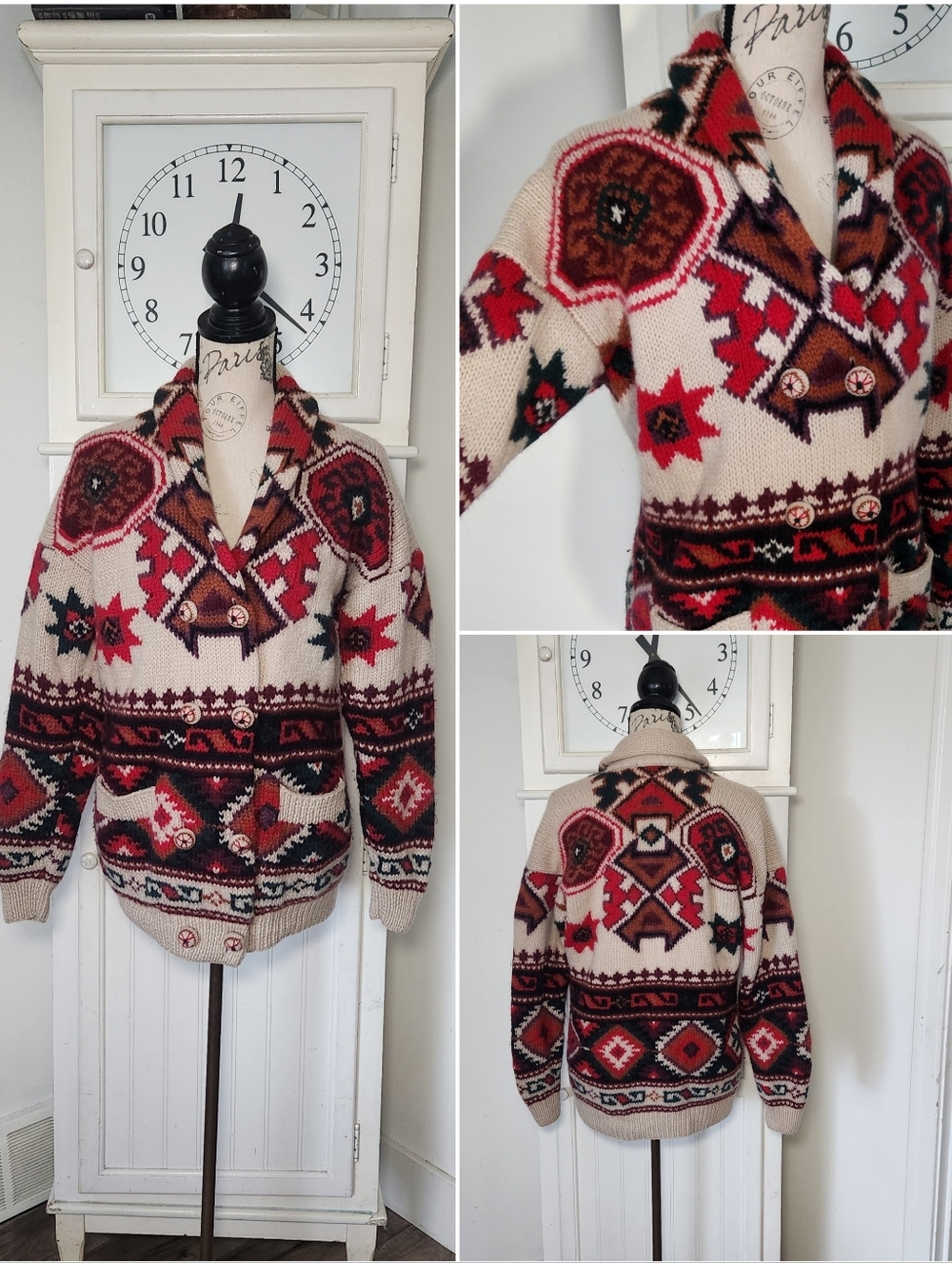 Vintage Red and Cream Geometric Shawl Collar Cardigan - Picture 2 of 10